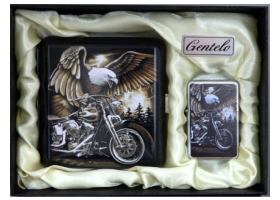 Подарочный набор портсигар с зажигалкой Gentelo Орёл на мотоцикле-1 7-1003