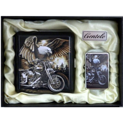 Подарочный набор Подарочный набор портсигар с зажигалкой Gentelo Орёл на мотоцикле-1 7-1003